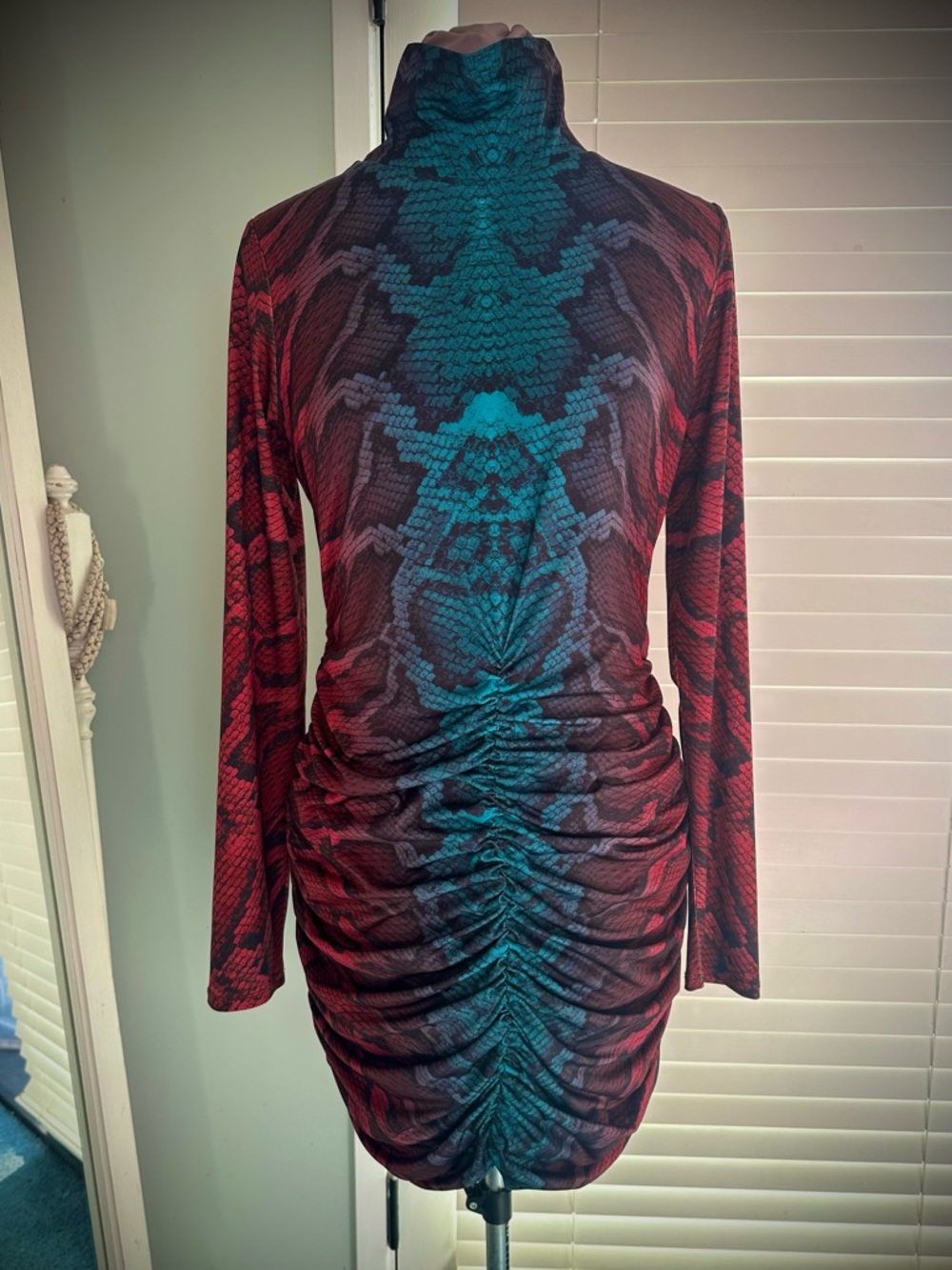 AFRM Long-Sleeve High Neck Ruched Bodycon Dress in Teal and Red - Picture 2 of 5